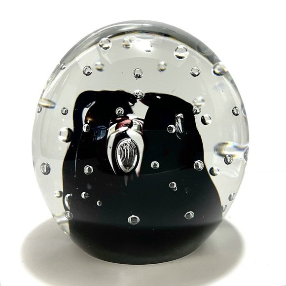 Vintage 1980s Edinburgh Art Glass Paperweight Bullicante Clear & Black Abstract - Picture 3 of 8